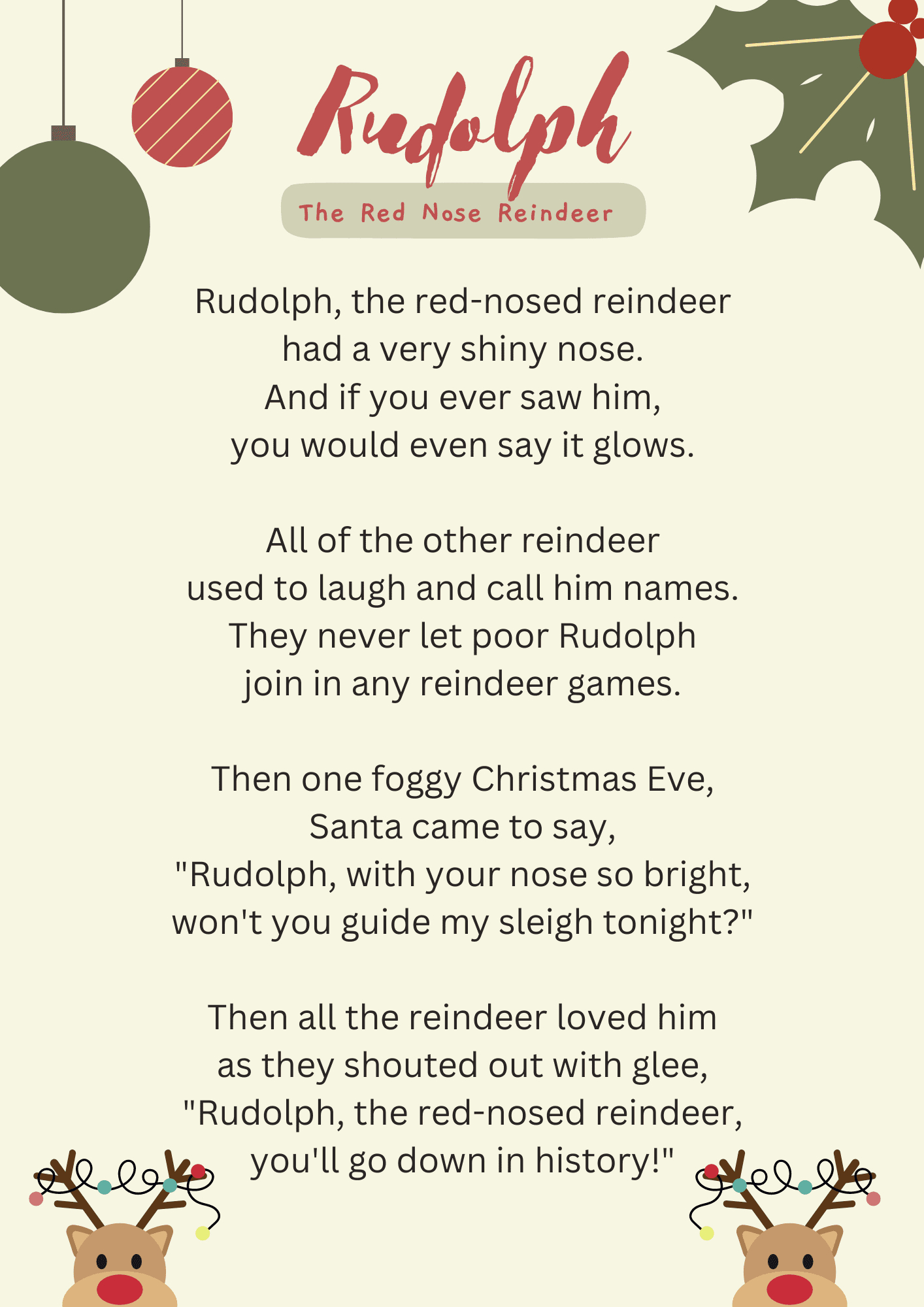 Reindeer Lyrics inside Words To Rudolph The Red Nosed Reindeer Printable