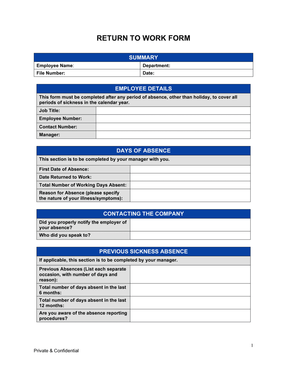 Return To Work Form Template (Word &amp; Pdf) - Free Trial pertaining to Printable Return to Work Form