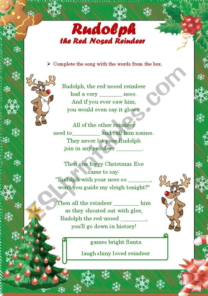 Rudolph The Red Nosed Reindeer- Song! (B&W Included) - Esl pertaining to Words To Rudolph The Red Nosed Reindeer Printable