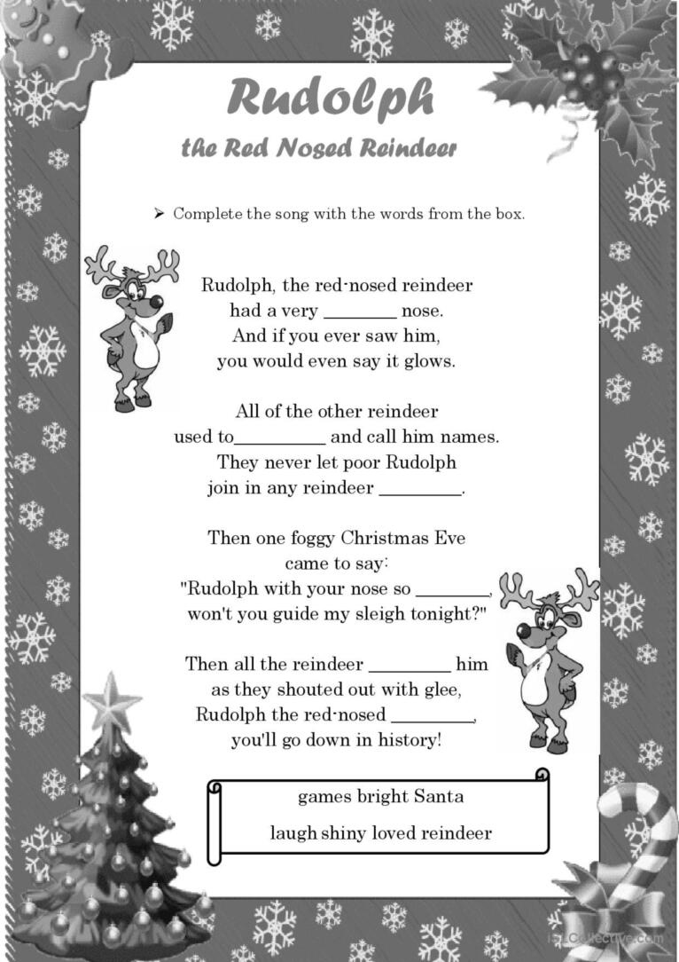 Rudolph The Red Nosed Reindeer- Song…: English Esl Worksheets Pdf intended for Words to Rudolph the Red Nosed Reindeer Printable