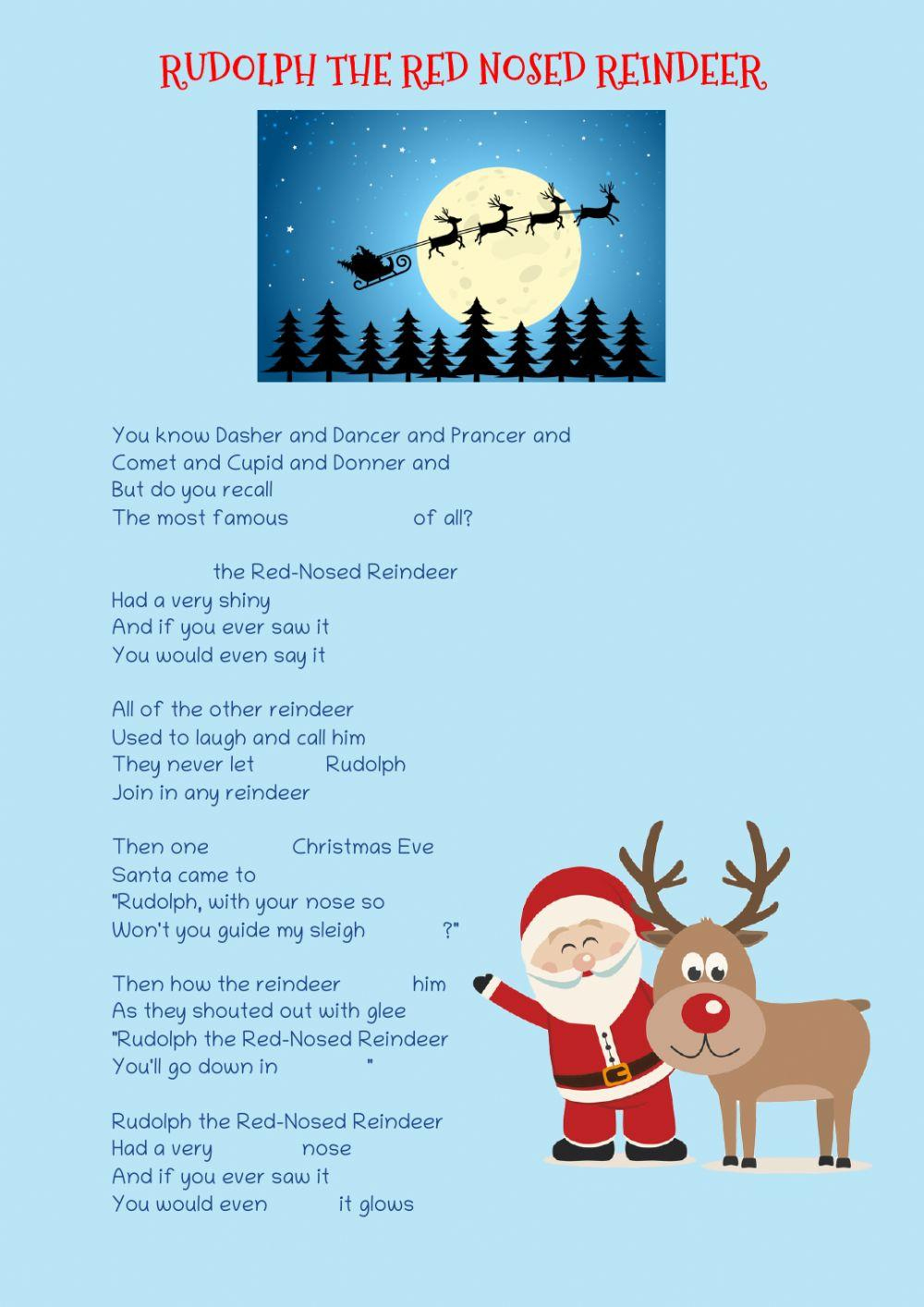 Rudolph The Red Nosed Reindeer Song Lyrics And Colouring Pictures pertaining to Words to Rudolph the Red Nosed Reindeer Printable