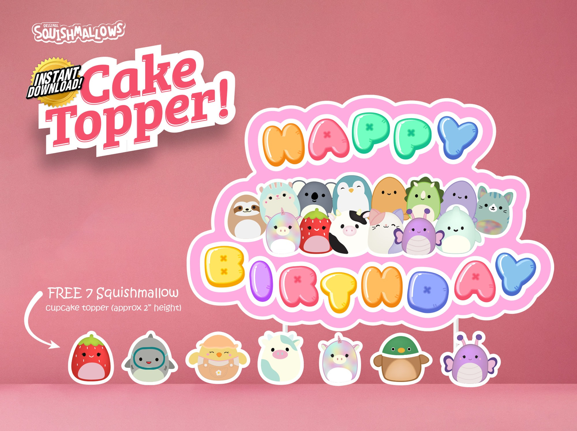 Squishmallow Birthday Cake Topper Mit Cupcake Topper (Digitaler for Free Printable Squishmallow Cupcake Toppers