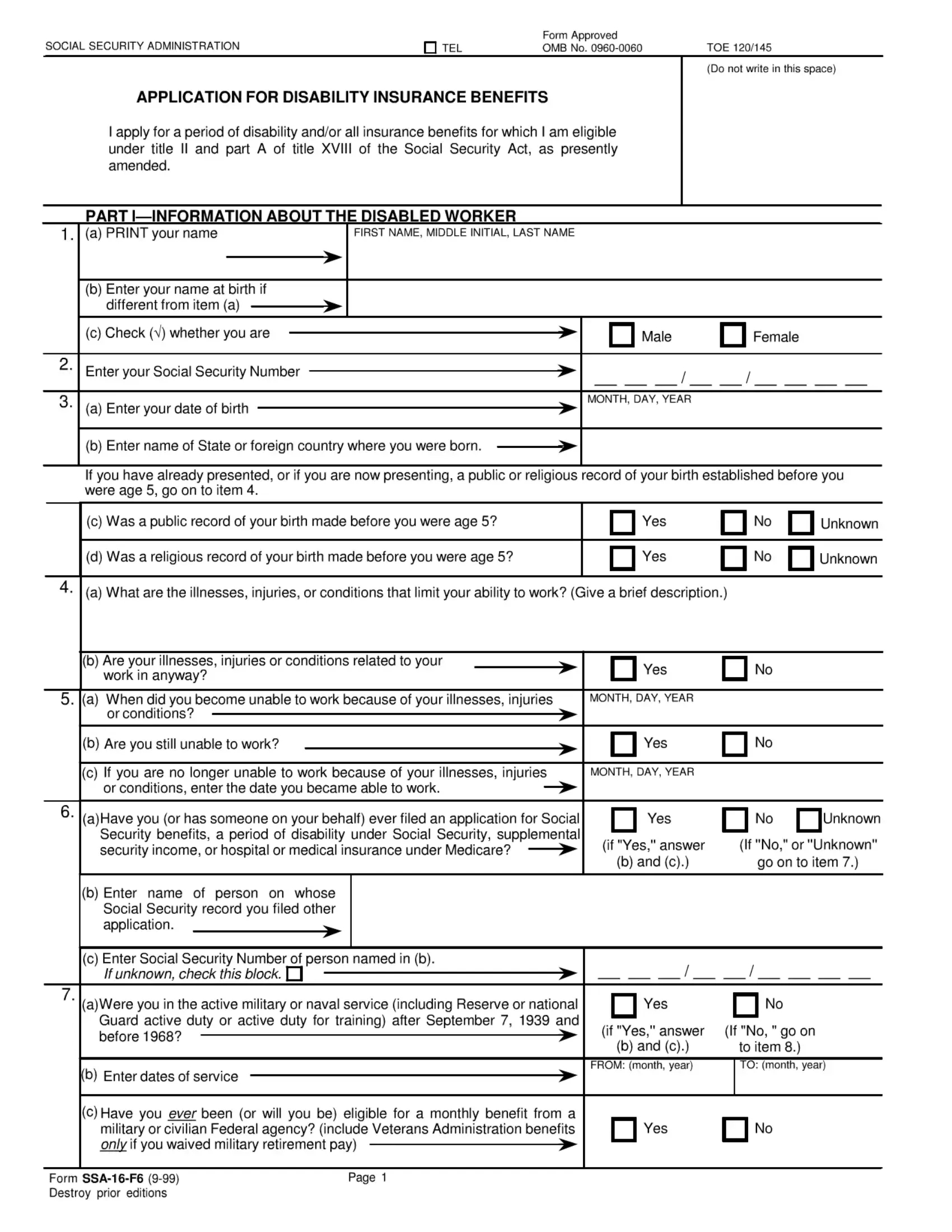 Ssa 16 F6 Form ≡ Fill Out Printable Pdf Forms Online regarding Printable Social Security Disability Forms