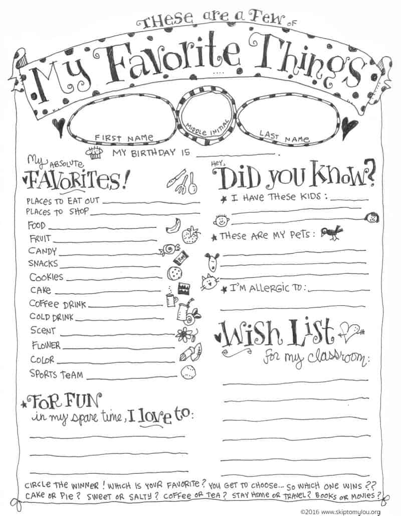 Teacher Favorite Things Questionnaire Printable | Skip To My Lou for Free Printable Teacher Favorite Things Form