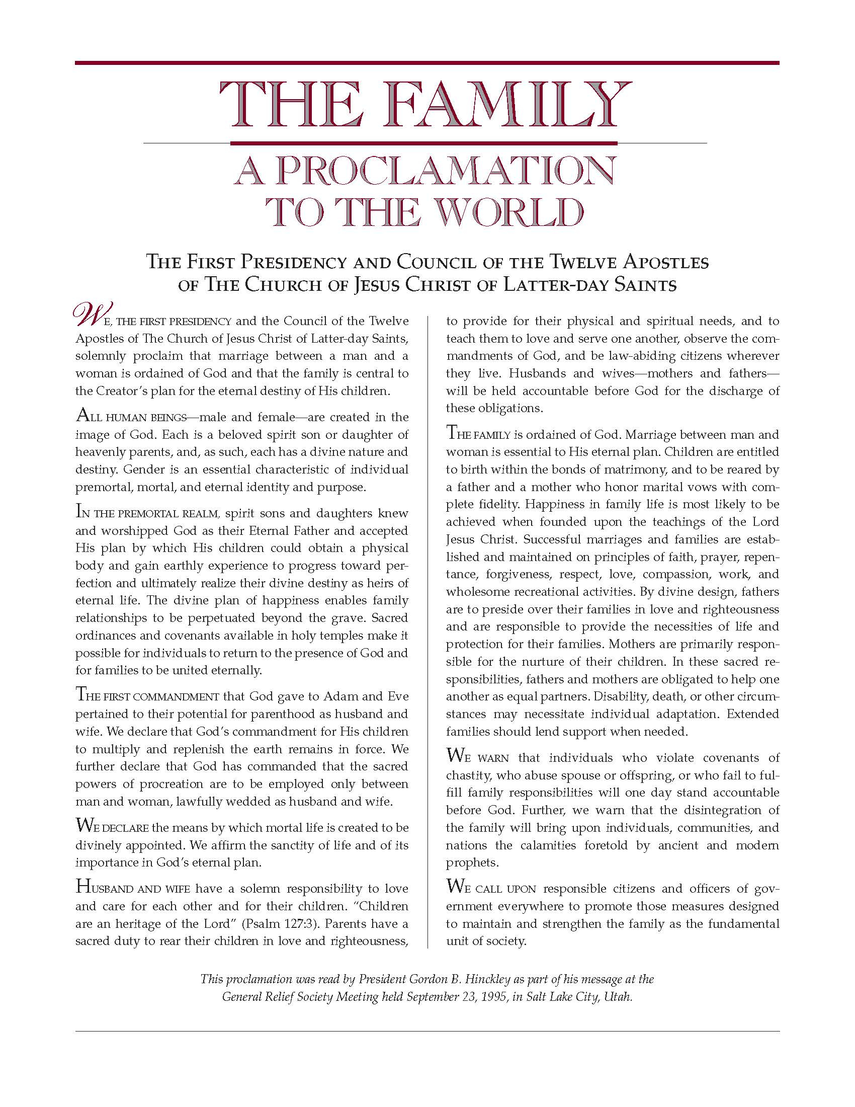 The Family: A Proclamation To The World | Lds365: Resources From inside Proclamation To The World Printable