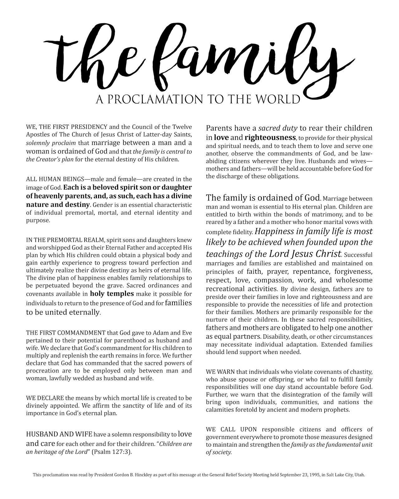 The Family Proclamation Printable Free with Proclamation to the World Printable
