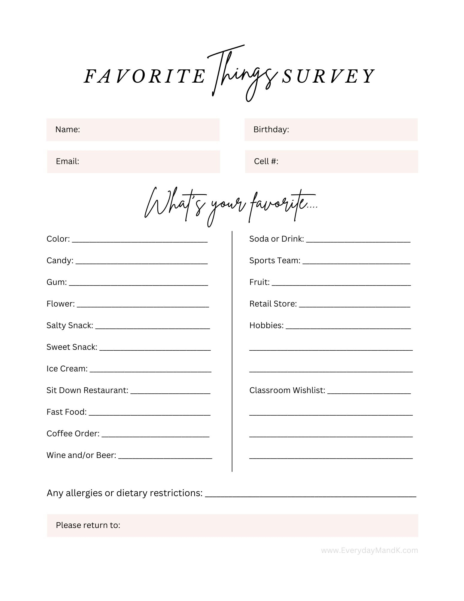 This Teacher 'Favorite Things' Survey Is A Great Tool For Parents pertaining to Free Printable Teacher Favorite Things Form