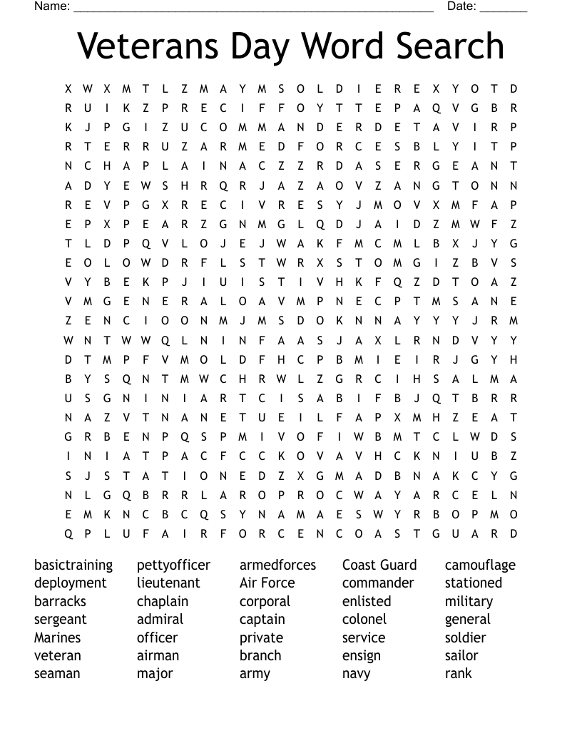 Veterans Day Word Search - Wordmint regarding Veterans Day Word Search Printable